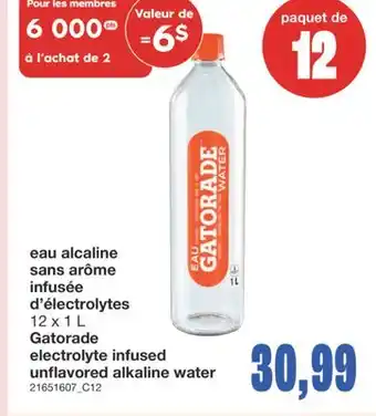 Wholesale Club EAU ALCALINE SANS ARÔME INFUSÉE D'ÉLECTROLYTES GATORADE 12 X 1 L offer