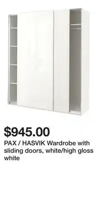 IKEA PAX / HASVIK Wardrobe with sliding doors, white/high gloss white offer