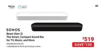 Visions Electronics Sonos Beam (Gen 2) The Smart, Compact Sound Bar for TV, Music, and More offer