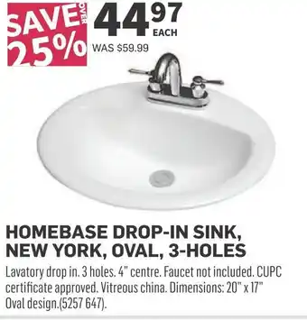 Co-op Homebase drop-in sink, new york, oval, 3-holes lavatory drop in. 3 holes offer