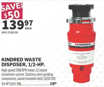 Co-op Kindred waste disposer, 1/2-hp. offer