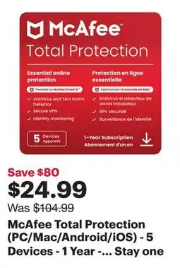 Best Buy McAfee Total Protection (PC/Mac/Android/iOS) - 5 Devices - 1 Year - Digital Download offer