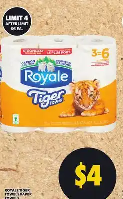 Loblaws ROYALE TIGER TOWELS PAPER, 3=6 ROLLS offer