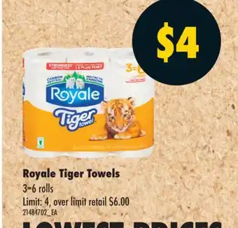 No Frills ROYALE TIGER TOWELS, 3 = 6 ROLLS offer