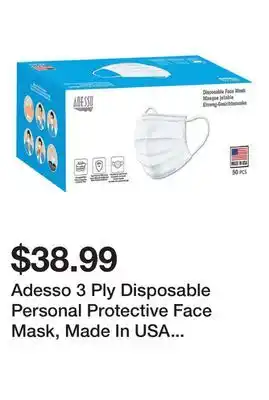 Newegg Adesso 3 Ply Disposable Personal Protective Face Mask, Made In USA (50 Masks/Box) offer