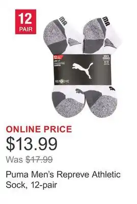 Costco Puma Men's Repreve Athletic Sock, 12-pair offer