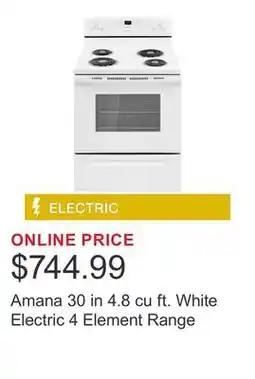 Costco Amana 30 in 4.8 cu ft. White Electric 4 Element Range offer