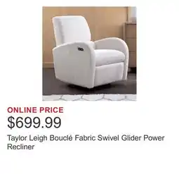 Costco Taylor Leigh Bouclé Fabric Swivel Glider Power Recliner offer