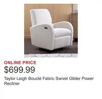 Costco Taylor Leigh Bouclé Fabric Swivel Glider Power Recliner offer