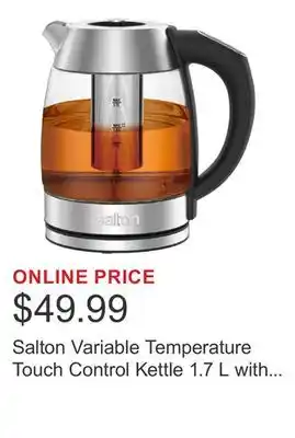 Costco Salton Variable Temperature Touch Control Kettle 1.7 L with Removable Tea Steeper offer