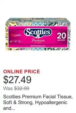 Costco Scotties Premium Facial Tissue, Soft & Strong, Hypoallergenic and Dermatologist Tested, 20-pack offer