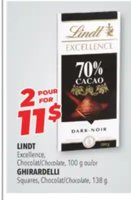 Familiprix LINDT, Chocolate, 100 g or GHIRARDELLI, Squares, Chocolate, 138 g offer