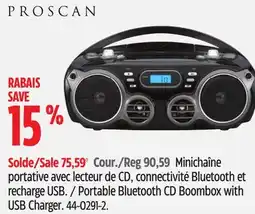 Canadian Tire Proscan Portable Bluetooth CD Boombox with USB Charger offer