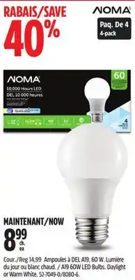 Canadian Tire NOMA A19 60W LED Bulbs offer