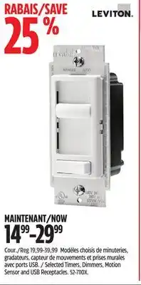 Canadian Tire Leviton Selected Timers, Dimmers, Motion Sensor and USB Receptacles offer