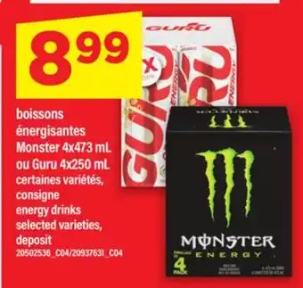 Maxi boissons énergisantes Monster 4x473 mL ou Guru 4x250 mL offer