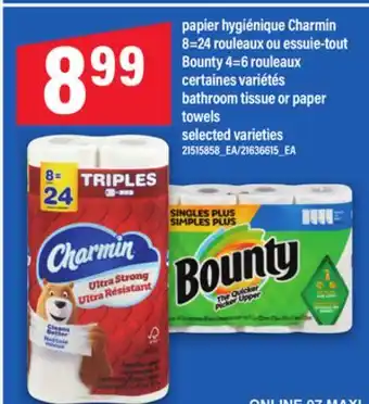 Maxi PAPIER HYGIÉNIQUE CHARMIN 8=24 ROULEAUX OU ESSUIE-TOUT BOUNTY 4=6 ROULEAUX offer