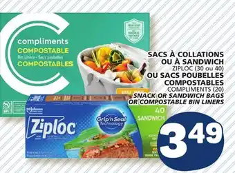 Marché Bonichoix ZIPLOC (30 or 40) OR COMPLIMENTS (20) SNACK OR SANDWICH BAGS OR COMPOSTABLE BIN LINERS offer