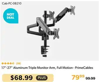 Primecables 17-27 Aluminum Triple Monitor Arm, Full Motion - PrimeCables offer