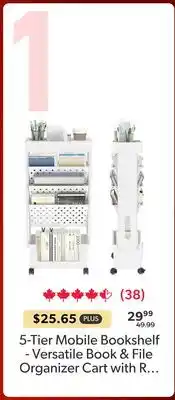 123Ink Moustache 5-Tier Mobile Bookshelf - Versatile Book & File Organizer Cart with Rotatable Wheels offer