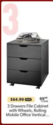 123Ink 3 Drawers File Cabinet with Wheels, Rolling Mobile Office Vertical Files Cabinet - Moustache offer