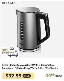 Shopper+ Kettle Electric Stainless Steel With 6 Temperature Presets and 30 Mins Keep Warm, 1.7L- LIVINGbasics offer