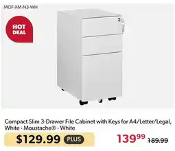 123Ink Moustache Compact Slim 3-Drawer File Cabinet with Keys for A4/Letter/Legal, White offer