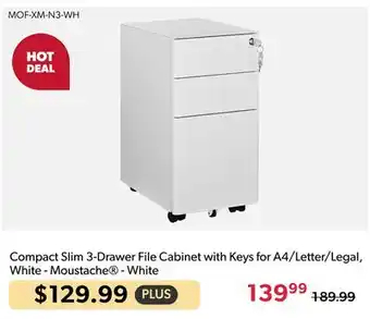 123Ink Moustache Compact Slim 3-Drawer File Cabinet with Keys for A4/Letter/Legal, White offer