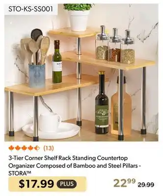 Shopper+ STORA 3-Tier Corner Shelf Rack Standing Countertop Organizer Composed of Bamboo and Steel Pillars offer