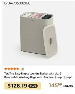 Shopper+ TotaTrio Easy-Empty Laundry Basket with Lid, 3 Removable Washing Bags with Handles - Joseph Joseph offer