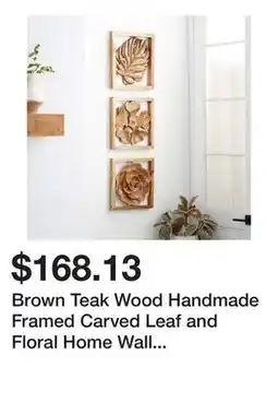 Bed Bath & Beyond Brown Teak Wood Handmade Framed Carved Leaf and Floral Home Wall Decor (Set of 3) offer