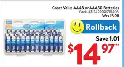 Walmart Great Value AA48 or AAA30 Batteries offer