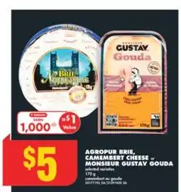 No Frills AGROPUR BRIE, CAMEMBERT CHEESE OR MONSIEUR GUSTAV GOUDA, 170 G offer