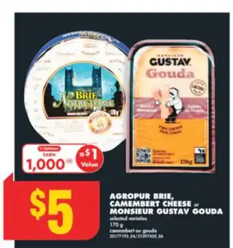 No Frills AGROPUR BRIE, CAMEMBERT CHEESE OR MONSIEUR GUSTAV GOUDA, 170 G offer