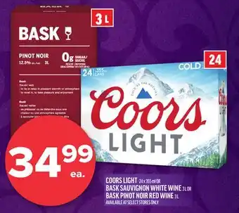 Metro COORS LIGHT 24 X 355 ML OR BASK SAUVIGNON WHITE WINE 3 L OR BASK PINOT NOIR RED WINE 3 L offer