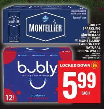 Food Basics BUBLY SPARKLING WATER BEVERAGE OR MONTELLIER CARBONATED NATURAL SPRING WATER offer