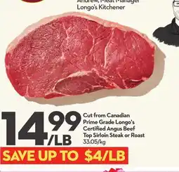 Longo's Cut from Canadian Prime Grade Longo's Certified Angus Beef Top Sirloin Steak or Roast offer