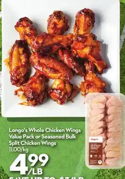 Longo's Whole Chicken Wings Value Pack or Seasoned Bulk Split Chicken Wings offer