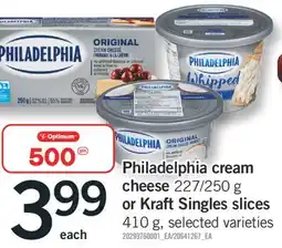 Fortinos Philadelphia cream Cheese, 227/250 g or Kraft Singles slices 410 g offer