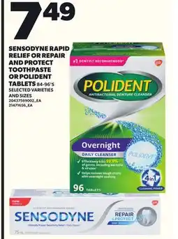 Loblaws SENSODYNE RAPID RELIEF OR REPAIR AND PROTECT TOOTHPASTE OR POLIDENT TABLETS, 84-96'S offer