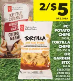 Real Canadian Superstore PC POTATO CHIPS, 200 G, TORTILLA CHIPS, 320-350 G OR GARDEN STIX, 142 G offer