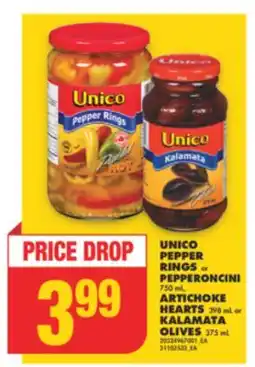 No Frills UNICO PEPPER RINGS or PEPPERONCINI 750 mL, ARTICHOKE HEARTS 398 mL or KALAMATA OLIVES 375 mL offer