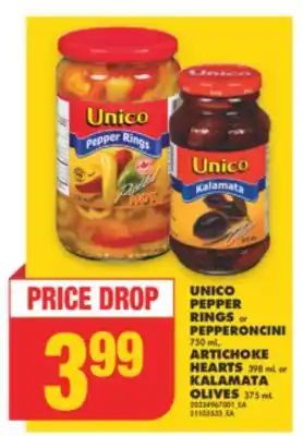 No Frills UNICO PEPPER RINGS or PEPPERONCINI 750 mL, ARTICHOKE HEARTS 398 mL or KALAMATA OLIVES 375 mL offer