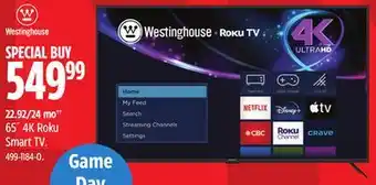 Canadian Tire Westinghouse 65 4K Roku Smart TV offer