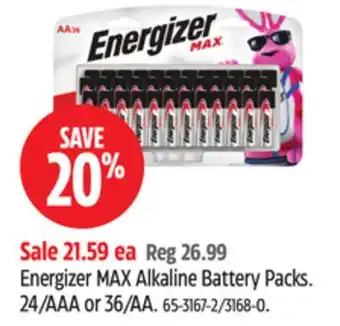 Canadian Tire Energizer MAX Alkaline Battery Packs offer