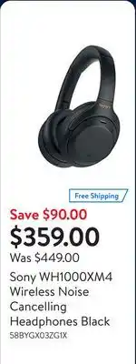 Walmart Sony WH1000XM4 Wireless Noise Cancelling Headphones Black offer