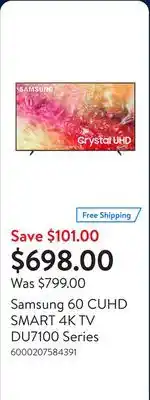 Walmart Samsung 60 CUHD SMART 4K TV DU7100 Series offer