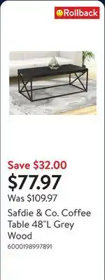 Walmart Safdie & Co. Coffee Table 48L Grey Wood offer