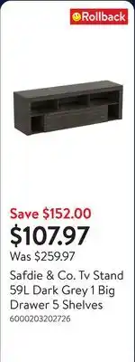 Walmart Safdie & Co. Tv Stand 59L Dark Grey 1 Big Drawer 5 Shelves offer