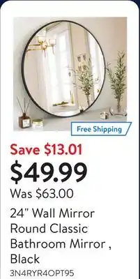 Walmart 24 Wall Mirror Round Classic Bathroom Mirror , Black offer